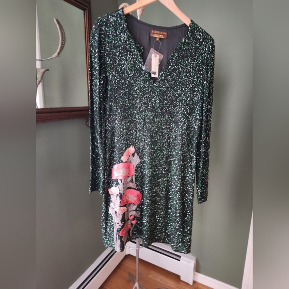 Sz 8 Varun Bahl Green Sequin Dress w/Applique NWT - Picture 7 of 11